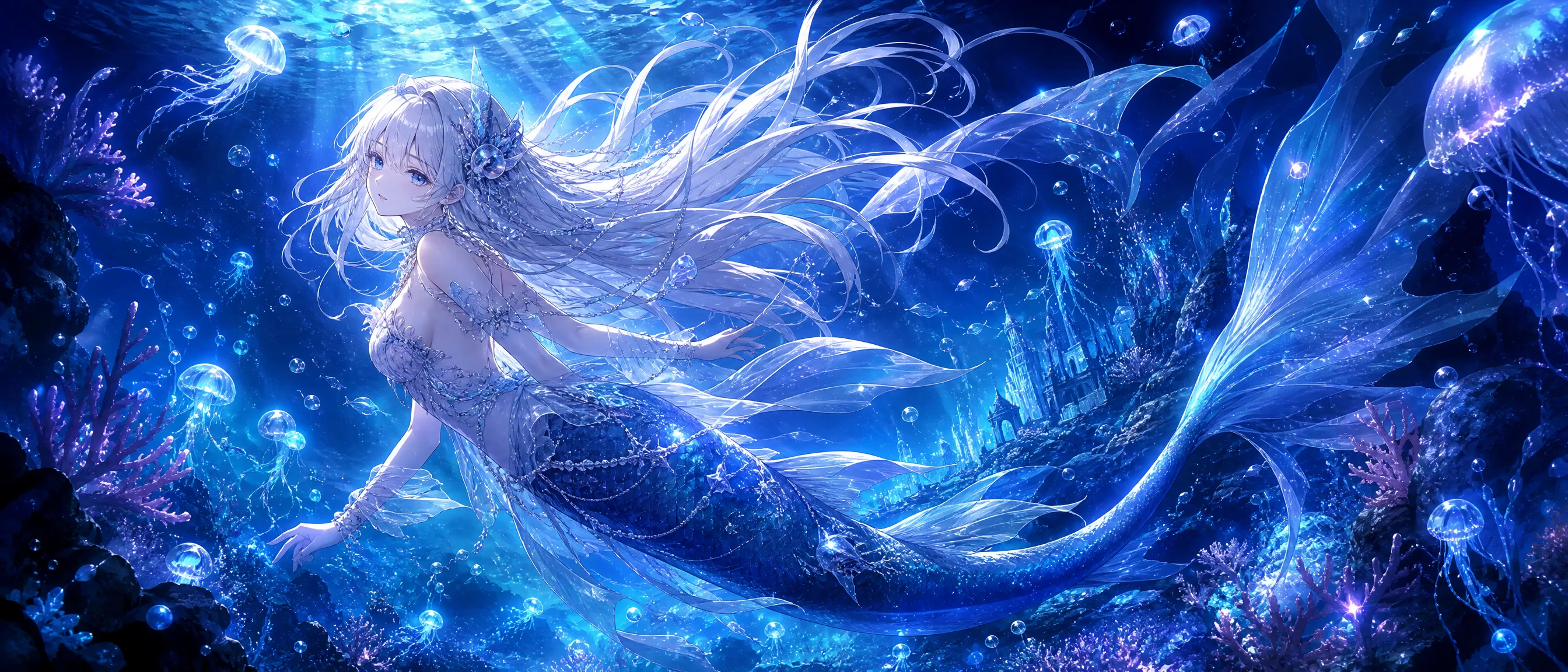 深海幻想动漫壁纸 - 银发人鱼在水母群中游弋