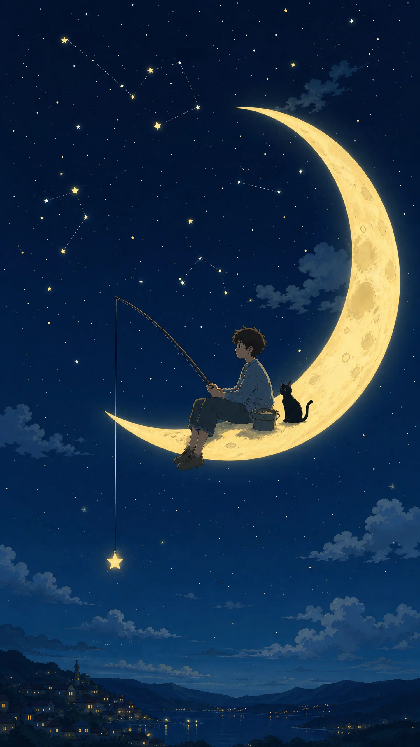 月亮钓星少年手机动漫壁纸 - 梦幻夜空治愈风格