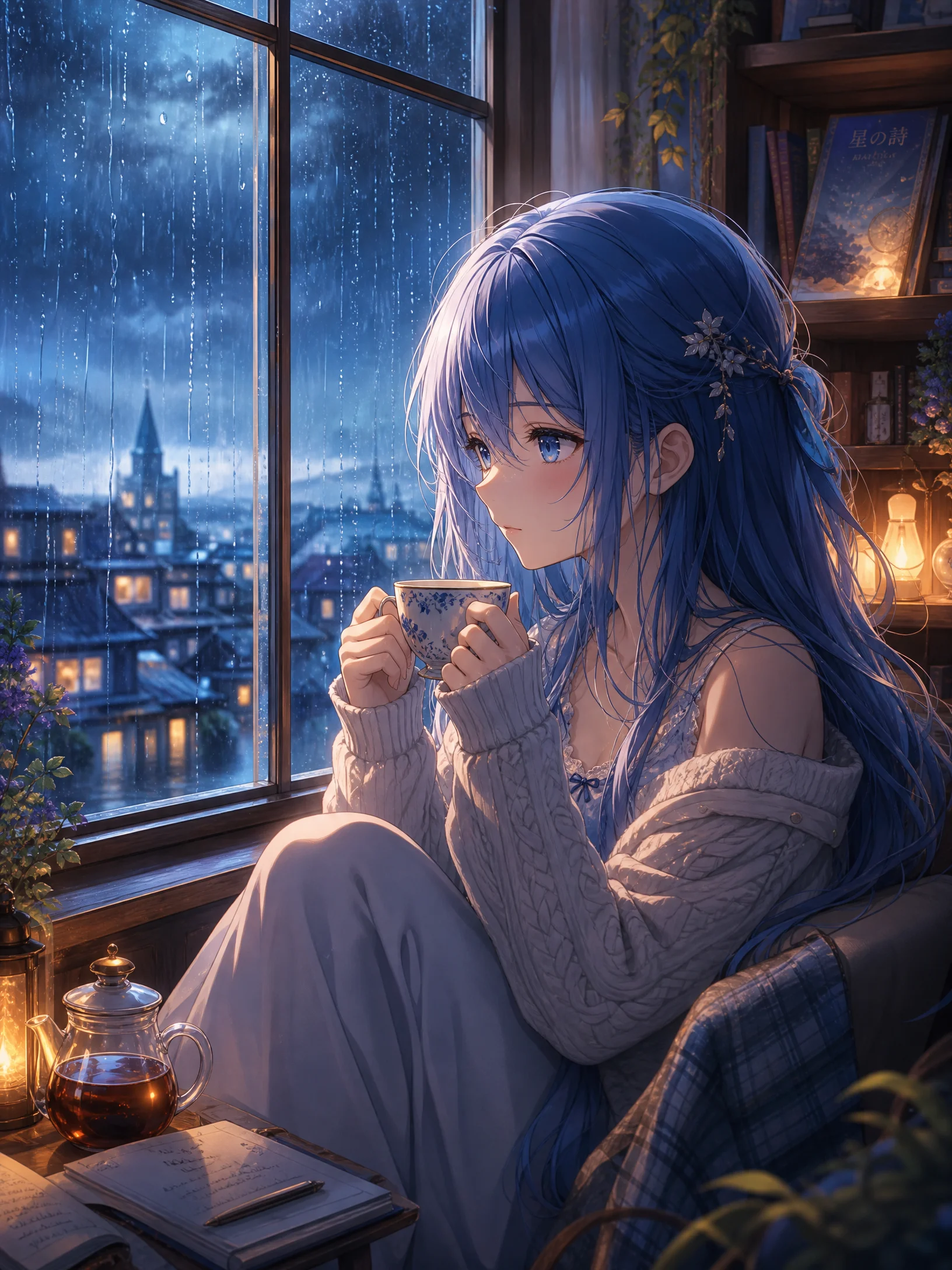 蓝发少女窗边品茶动漫壁纸 - 雨天温馨氛围高清插画